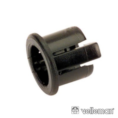 Peça plástica preta cilíndrica com flange circular e ranhuras da marca Velleman