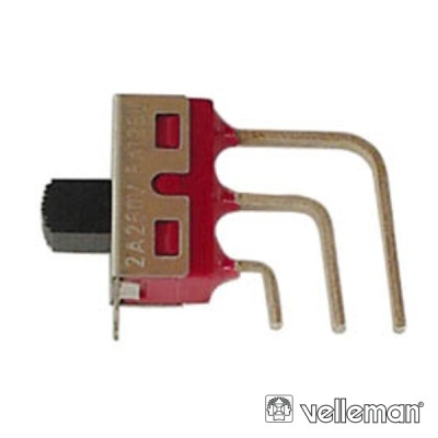 Interruptor miniatura vermelho e preto com três terminais metálicos