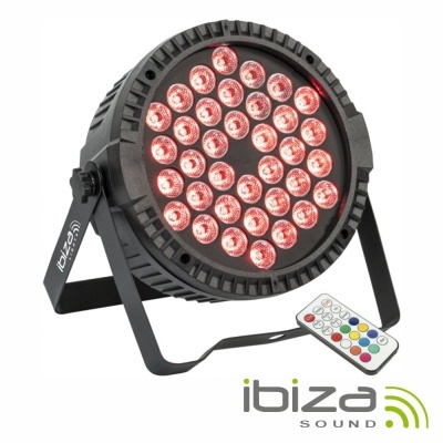 Luz de palco circular preta com LEDs vermelhos e comando remoto colorido