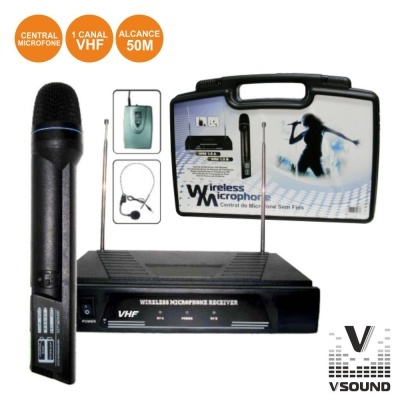 Microfone sem fios preto com receptor VHF e estojo decorado.