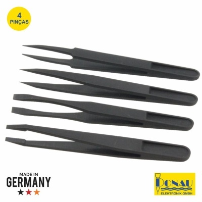 Conjunto de 4 pinças pretas com diferentes pontas e logótipos amarelados do fabricante