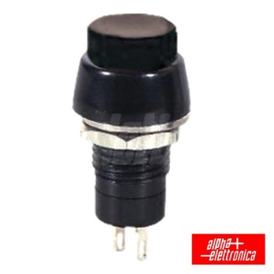 Botão interruptor preto cilíndrico com pino metálico, fundo branco, logótipo alpha elettronica