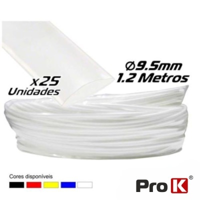 Rolo de tubo plástico branco translúcido com texto de especificações de medidas e cores disponíveis.