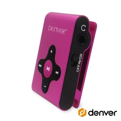 Leitor MP3 compacto cor de rosa com botões de controlo e marca Denver