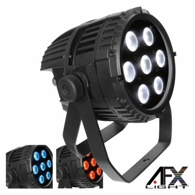 Refletor LED preto com sete luzes circulares e estrutura metálica