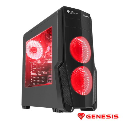 Computador de secretária preto com ventoinhas vermelhas iluminadas e janela lateral transparente