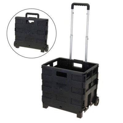 Carrinho dobrável preto com rodas e pega telescópica