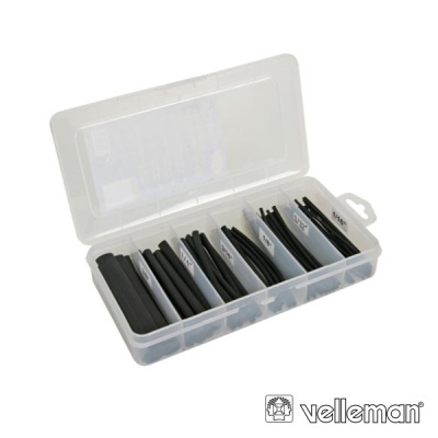 Estojo plástico transparente com tubos termorretráteis pretos organizados e etiquetas de tamanho