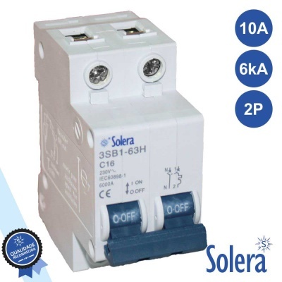 Disjuntor duplo branco Solera 3SB1-63H C16 com alavancas azuis ON/OFF e certificações