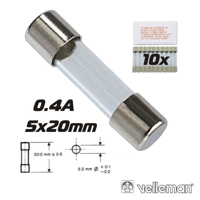 Fusível cilíndrico de vidro 0.4A 5x20mm com embalagem de 10 unidades