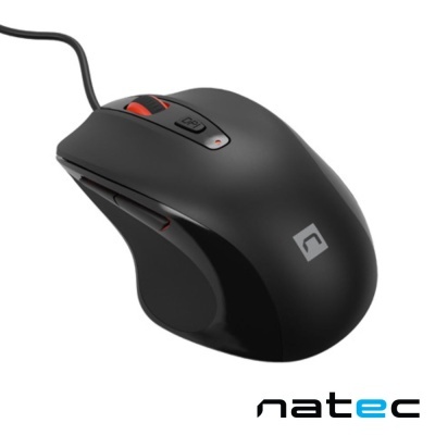 Rato de computador preto com detalhes vermelhos e logótipo Natec