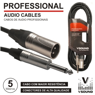 Cabo de áudio profissional VSound com conectores metálicos e embalagem preta e vermelha