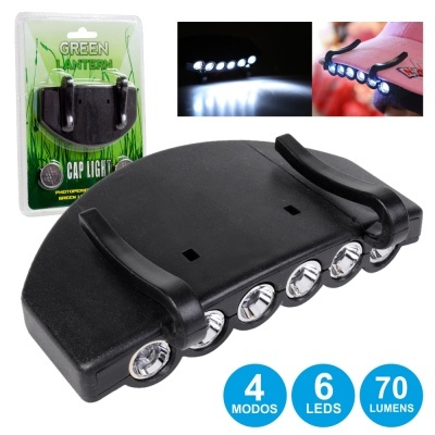 Luz de boné preta com 6 LEDs e presilhas, embalagem verde 'GREEN WATER CAP LIGHT'