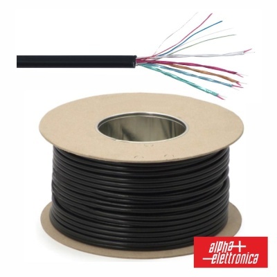 Bobina de cabo preto com vários fios coloridos e logótipo alfa-elettronica