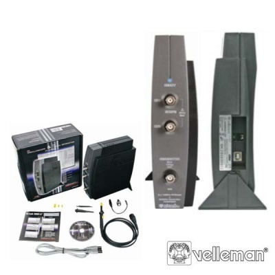 Kit Velleman com dispositivo preto, cabos, adaptadores, manual, CD e embalagem