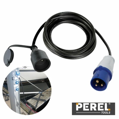 Cabo de extensão elétrico preto e azul com ficha de 3 pinos da marca PEREL TOOLS