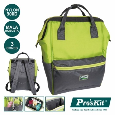 Mochila Pro'sKit verde e cinza em nylon 900D com bolsos e alças ajustáveis