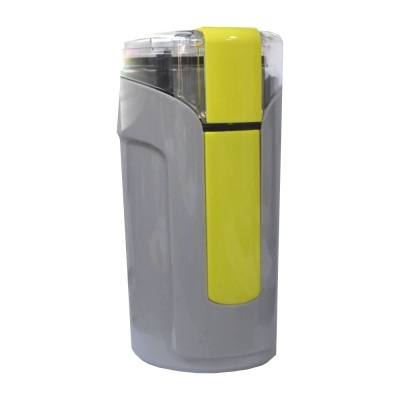 Isqueiro de mesa cinzento com amarelo e parte superior transparente