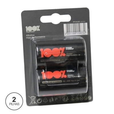 Pacote com duas pilhas alcalinas 100% Peak Power tamanho D LR20