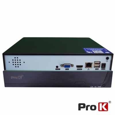 Dispositivo eletrônico preto e cinza da marca Pro K com portas VGA, HDMI, USB e Ethernet