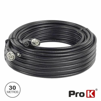 Cabo coaxial preto enrolado com conectores metálicos e indicação de 30 metros