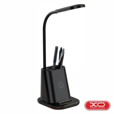 Candeeiro de secretária preto com porta-canetas e luz integrada