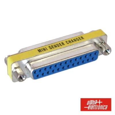 Conector adaptador Mini Gender Changer metálico com base azul e etiqueta amarela