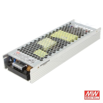 Fonte de alimentação Mean Well MW branca com superfície perfurada e componentes visíveis