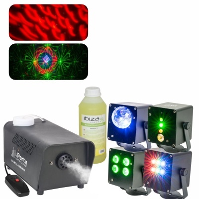 Equipamento de iluminação e máquina de fumo para festas com três projetores LED coloridos e garrafa de líquido limpa
