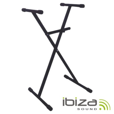 Suporte para teclado preto em formato X com proteções em espuma e logotipo Ibiza Sound