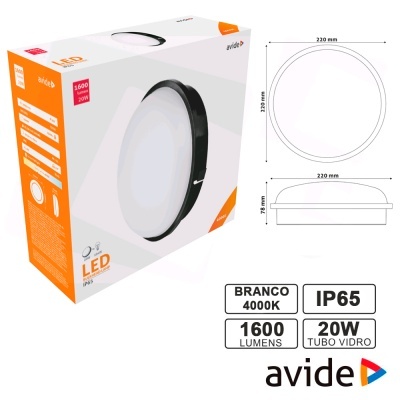 Embalagem de luz LED redonda branca avide com texto sobre características técnicas e dimensões.