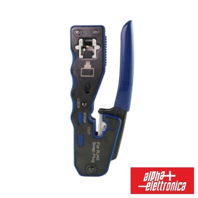 Ferramenta de crimpagem e corte para cabos de rede preta e azul com logótipo alpha+ elettronica