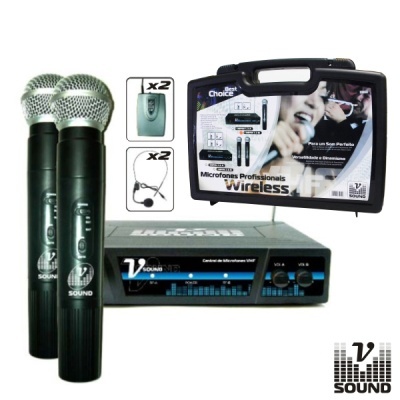 Conjunto de microfones profissionais wireless V SOUND com receptor e mala
