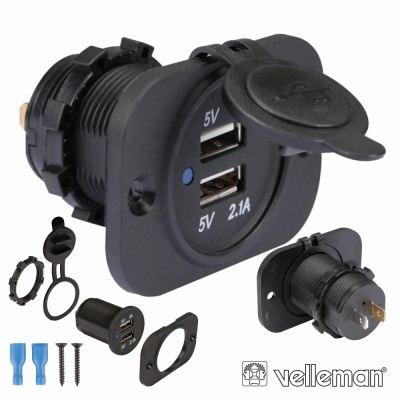 Carregador duplo USB preto para painel com tampa e acessórios