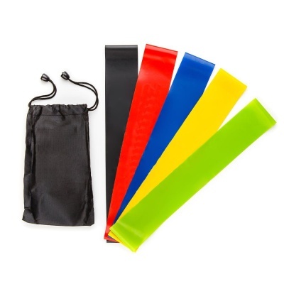 Conjunto de cinco bandas elásticas coloridas com saco de transporte preto