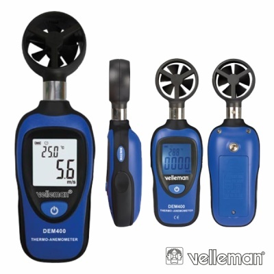 Anemómetro digital azul e preto Velleman DEM400 com ecrã LCD e quatro vistas diferentes