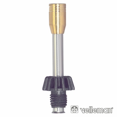 Extensão metálica para válvula de pneus com base preta e anel dourado, fundo branco