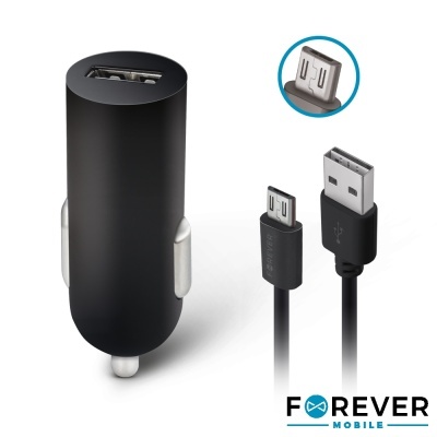 Carregador de carro preto com cabo USB e conector micro USB