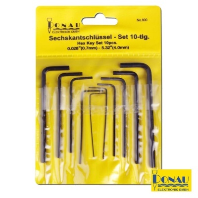 Conjunto de 10 chaves hexagonais em suporte plástico amarelo com texto Donau Elektronik GmbH