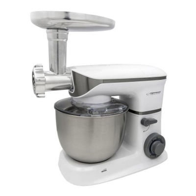 Robot de cozinha branco e cinza com taça em metal e acessório moedor de carne