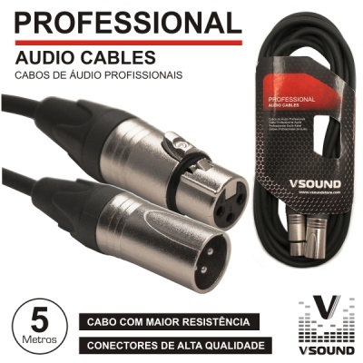 Cabo de áudio profissional VSound preto com conectores XLR e embalagem