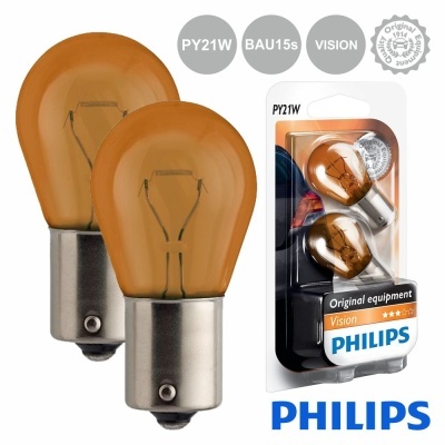 Duas lâmpadas automotivas Philips âmbar PY21W BAU15s com embalagem