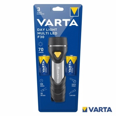 Lanterna Varta Day Light Multi LED F30 com duas pilhas em embalagem de cor azul