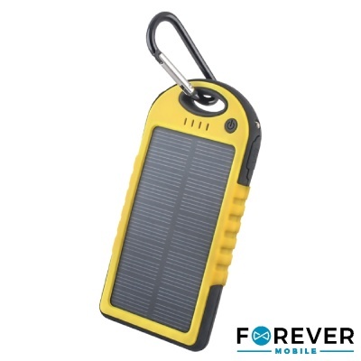 Carregador solar portátil amarelo e preto com gancho metálico
