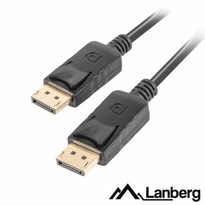 Cabo preto DisplayPort com conectores dourados e logótipo Lanberg