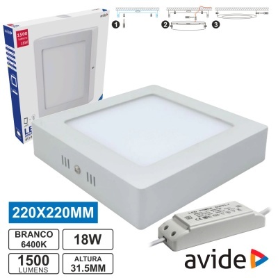 Luz de teto LED quadrada branca com transformador e embalagem da marca avide.