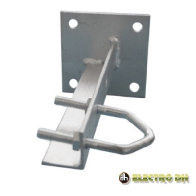 Suporte metálico cinzento com base quadrada e barra com abraçadeira em U