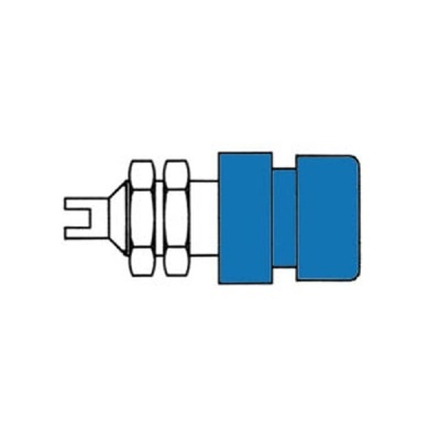 Conector azul e branco com rosca e pinos metálicos
