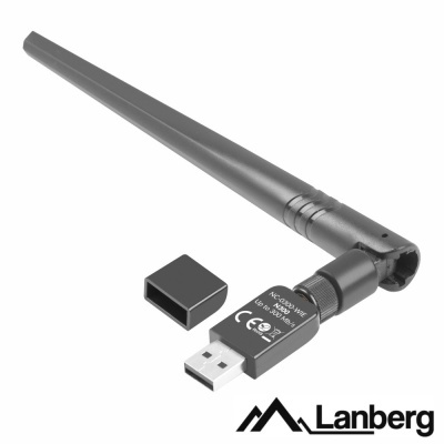 Adaptador USB Wi-Fi preto com antena destacável e tampa protetora