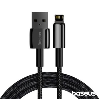 Cabo de carregamento preto Baseus com conetores USB e Lightning